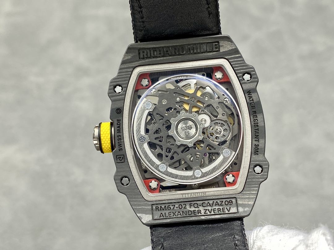 Richard Mille RM67-02 Carbon Fiber Black Red Transparent Caseback Skeleton Movement Detail Luxury Watch