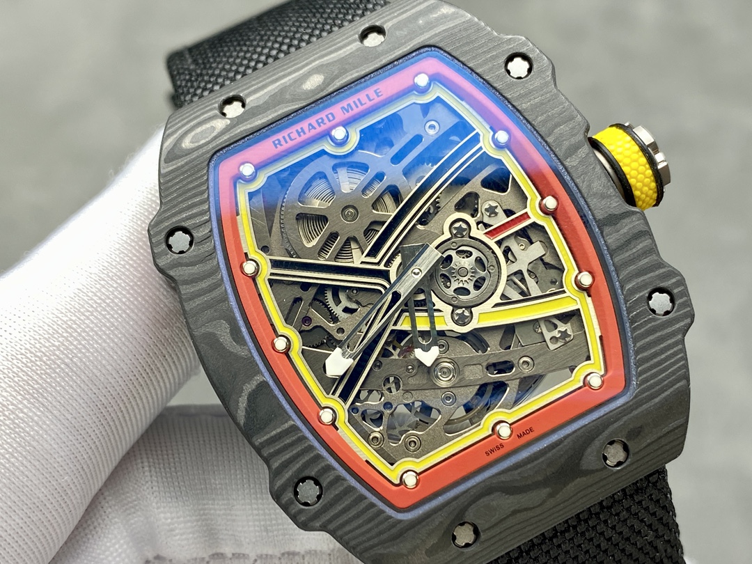 Richard Mille RM67-02 Carbon Fiber Multicolor Skeleton Dial Close-Up Detail Luxury Watch