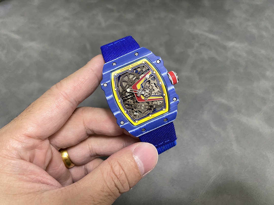Richard Mille RM67-02 Fernando Alonso Blue Carbon Skeleton Dial Blue Nylon Strap Wrist Shot Angled View