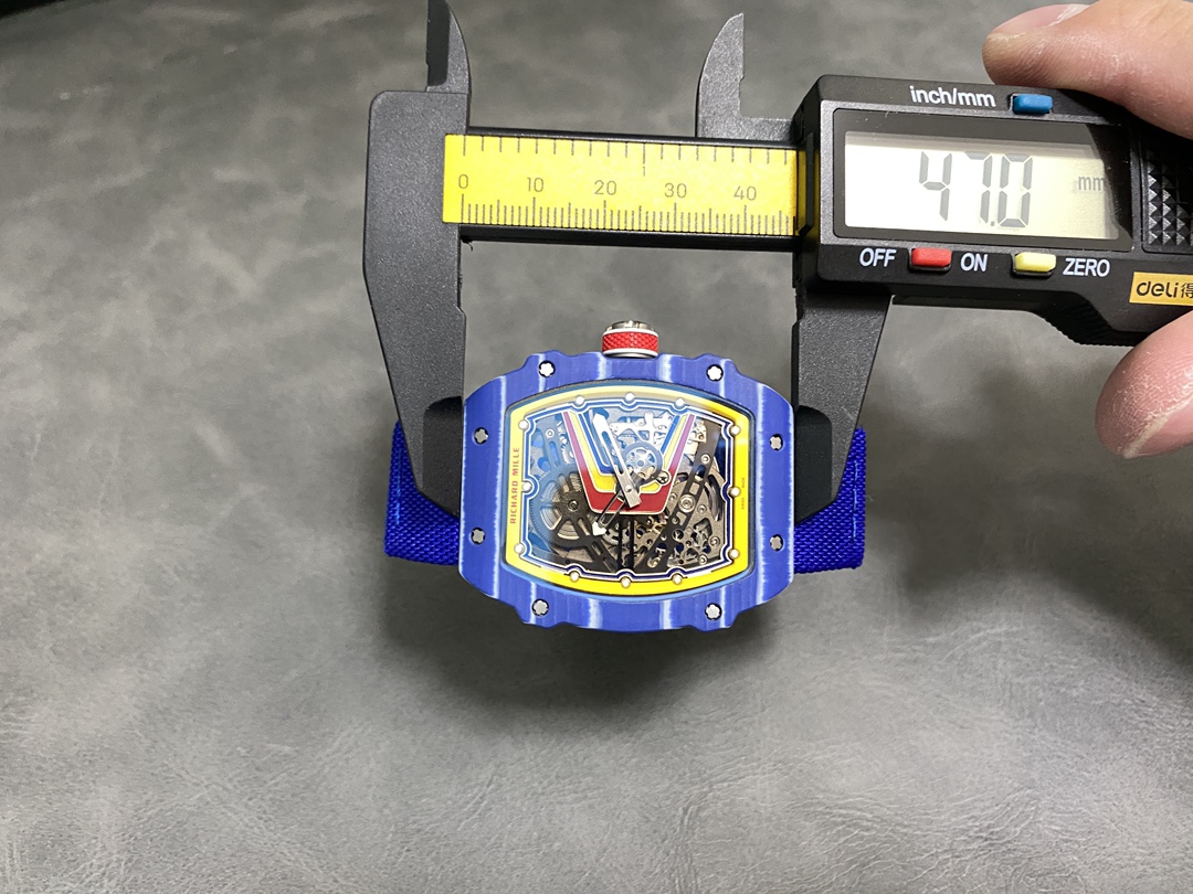 Richard Mille RM67-02 Fernando Alonso Blue Carbon Skeleton Dial Blue Nylon Strap Case Size Measurement View