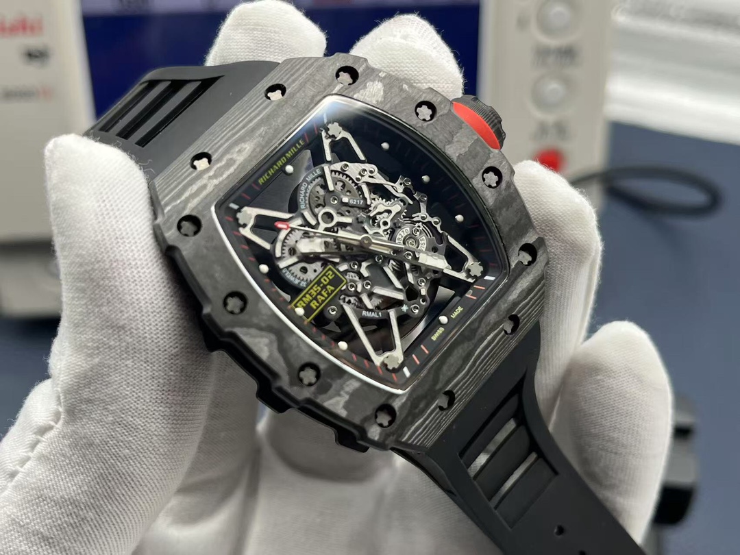 Richard Mille RM35-02 Rafael Nadal black carbon fiber case with red crown skeleton dial handheld real shot side view