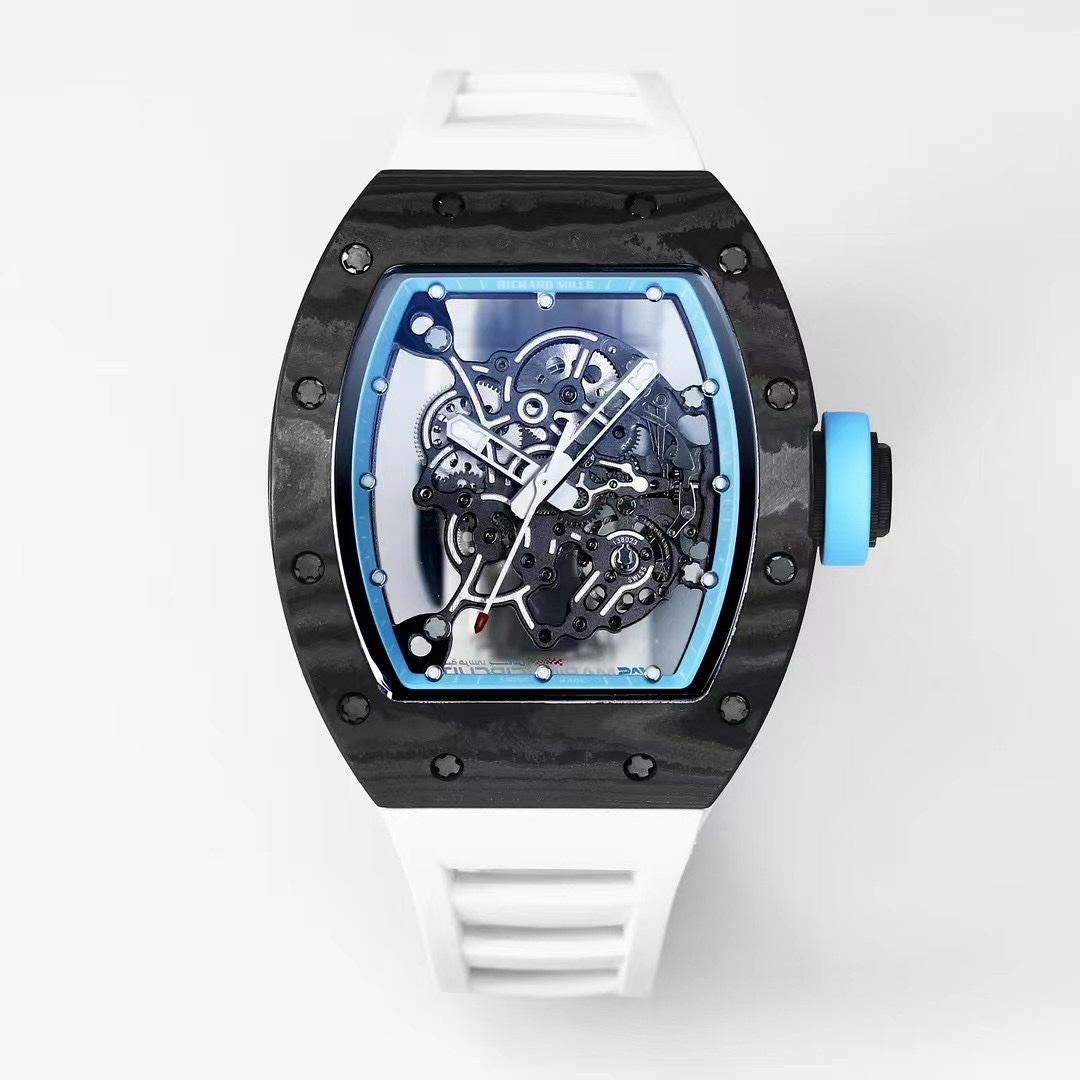 Richard Mille RM055 Skeleton Carbon Fiber Case White Rubber Strap Blue Accents Front View Close
