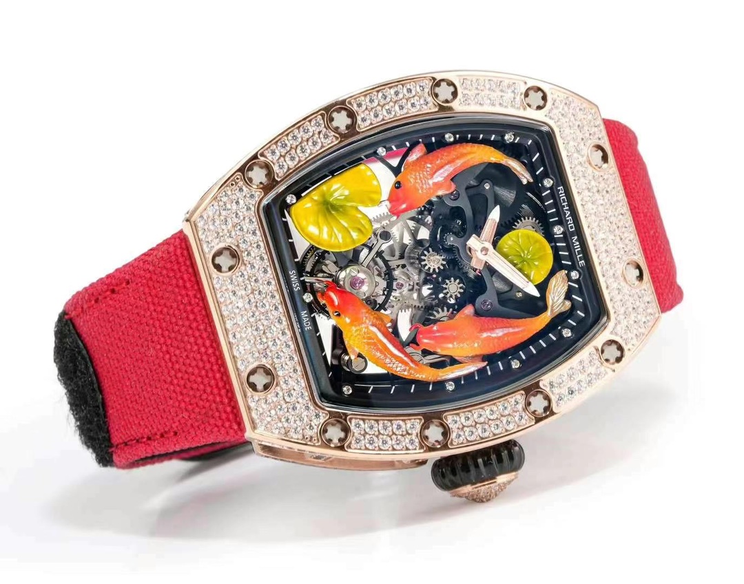 Richard Mille RM S10 Koi Tourbillon Rose Gold Diamond Case Red Nylon Strap Angled Front View