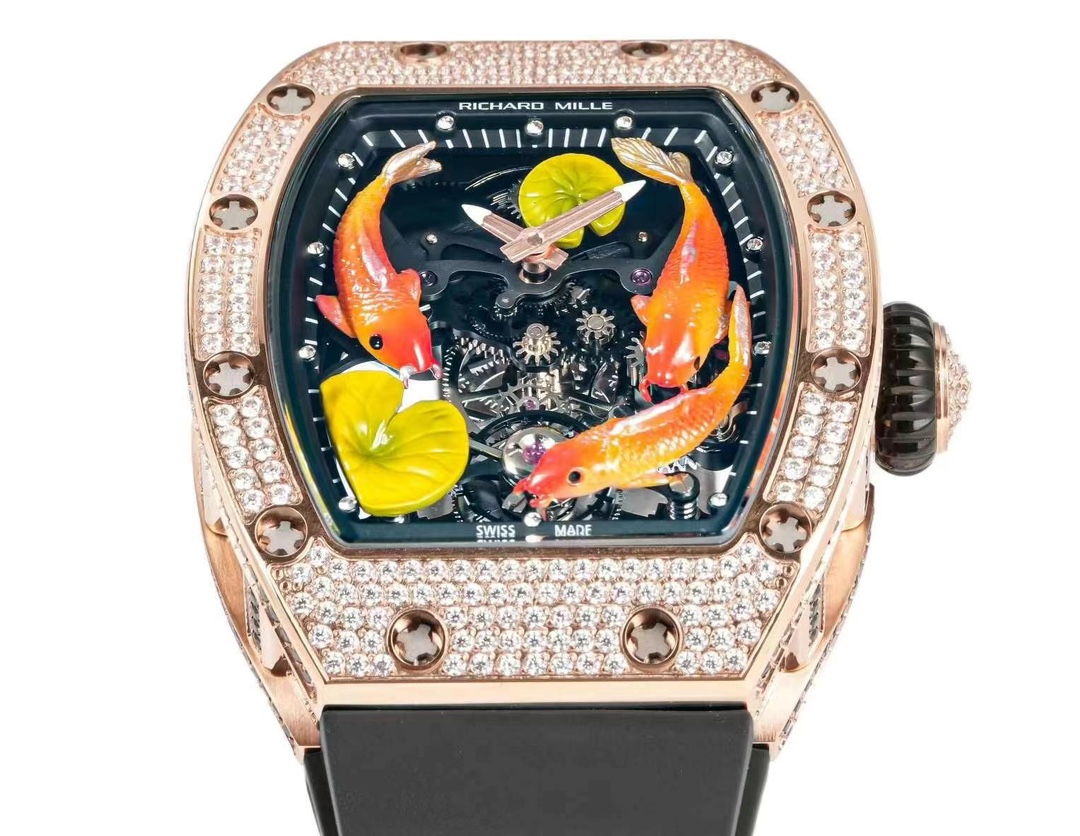 Richard Mille RM S10 Koi Tourbillon Rose Gold Diamond Black Dial Close-Up Detail