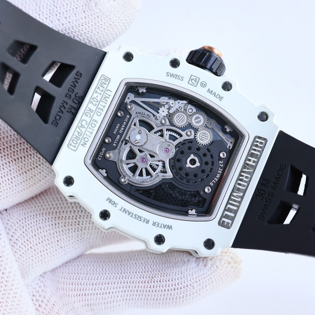 Richard Mille RM21-02 Skeleton Tourbillon Carbon Case Black Strap Sport Watch Caseback Movement View