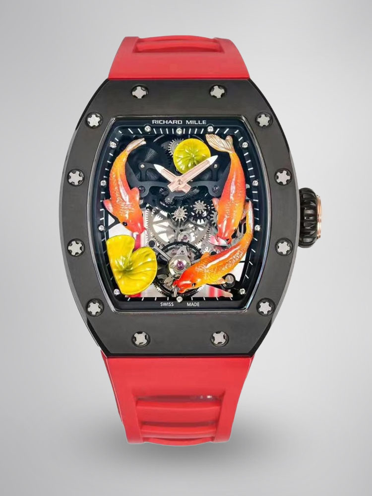 Richard Mille RM S10 Koi Tourbillon Black Case Red Rubber Strap Full Watch Front View