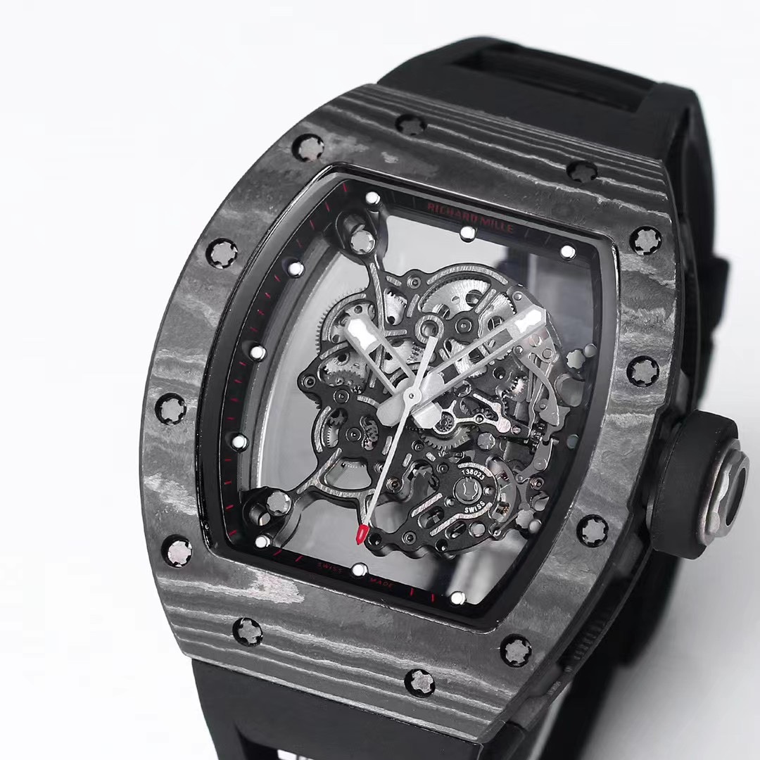 Richard Mille RM055 Carbon Fiber Black Case Black Rubber Strap Skeleton Dial Detail View