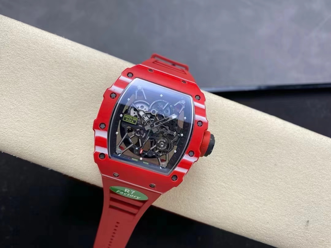 Richard Mille RM35-02 red carbon fiber case red rubber strap black skeleton dial front view wrist shot display