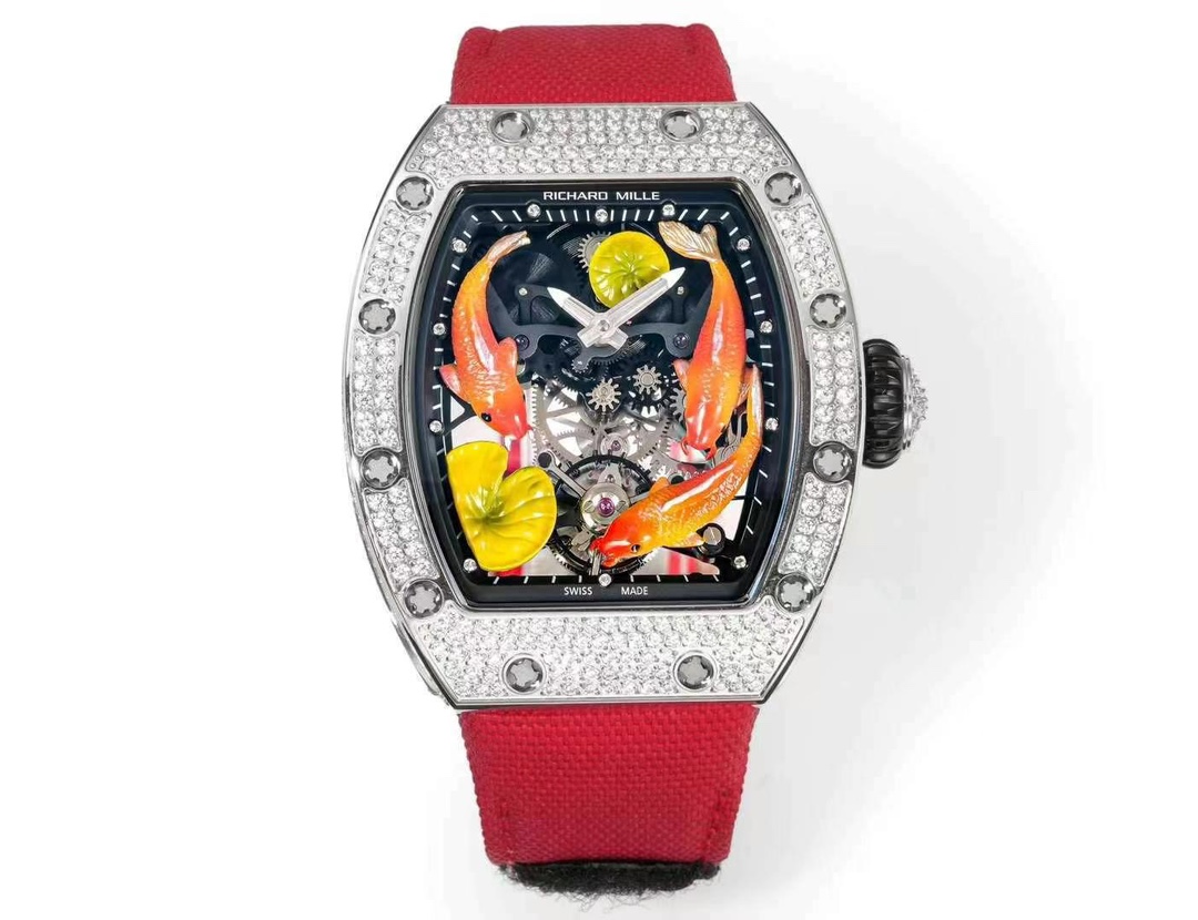 Richard Mille RM S10 Koi Tourbillon Diamond Case Skeleton Dial Red Black Nylon Strap Clean Front View