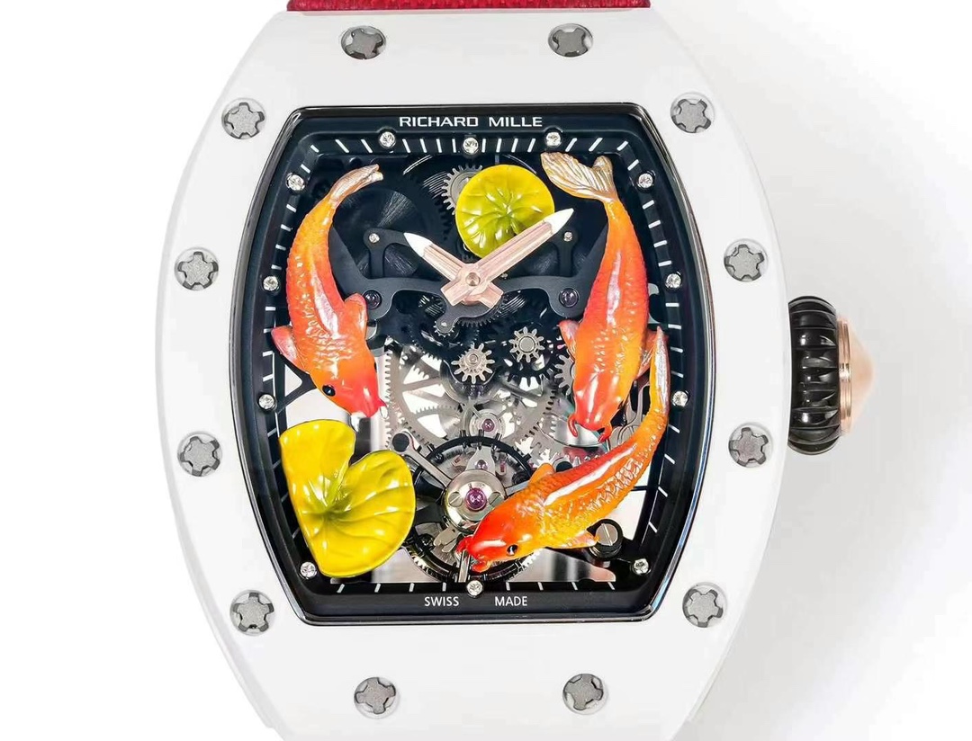 Richard Mille RM S10 Koi Tourbillon Red Nylon Strap White Ceramic Case Skeleton Dial Macro View