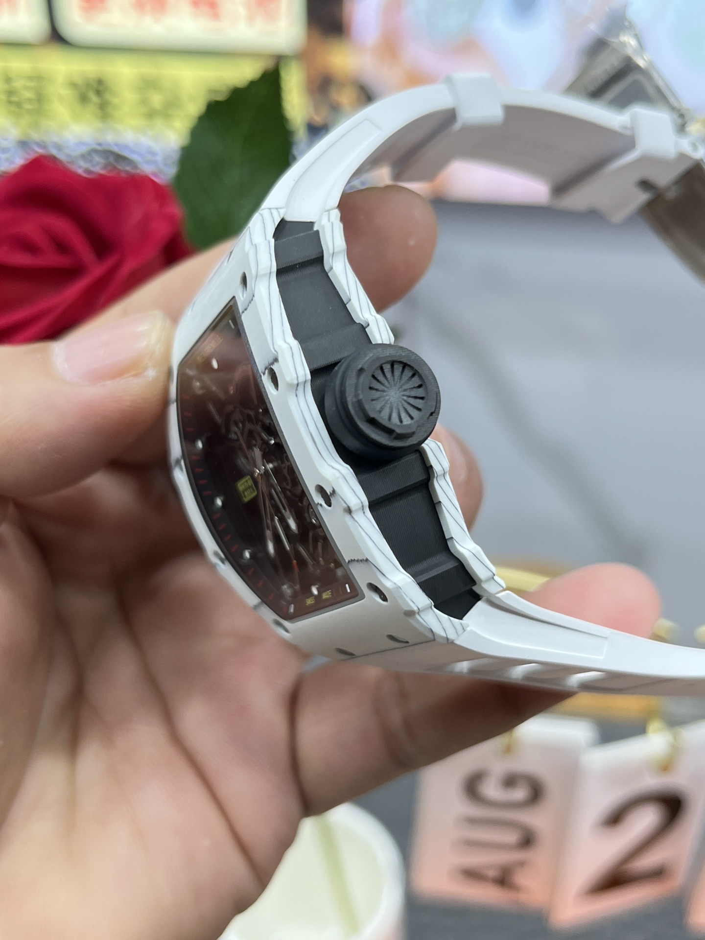 Richard Mille RM35-01 White Carbon Case Black Skeleton Dial White Rubber Strap Crown Side Detail View
