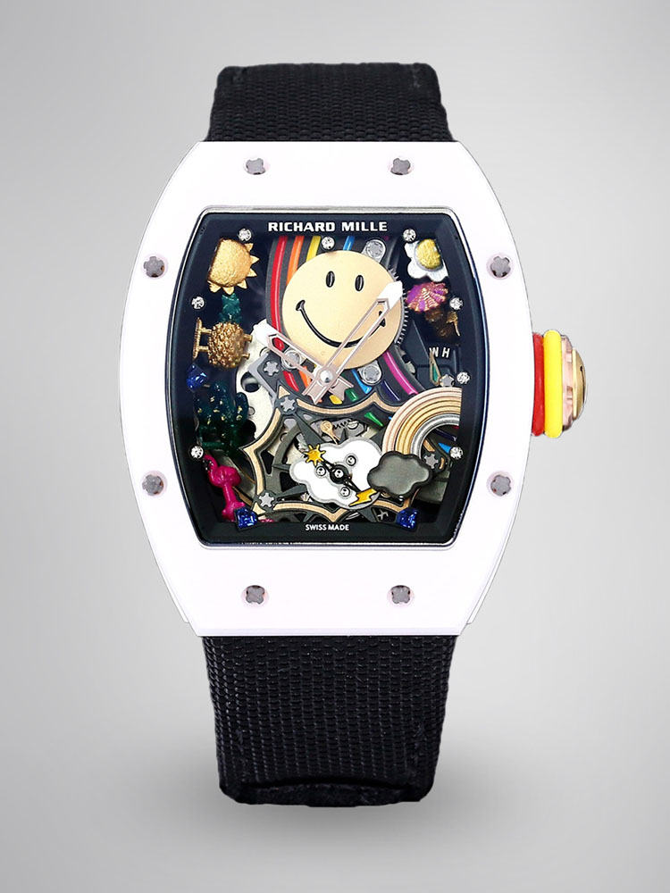 Richard Mille RM Series RM088 white case black strap smiley tourbillon watch front view