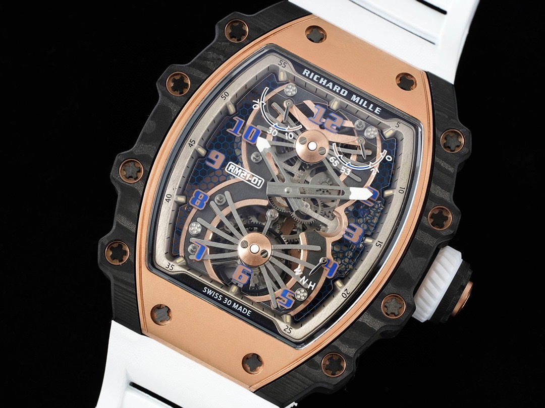 Richard Mille RM21-01 Aerodynamic Tourbillon Carbon Rose Gold Skeleton White Rubber Strap Angled Dial View