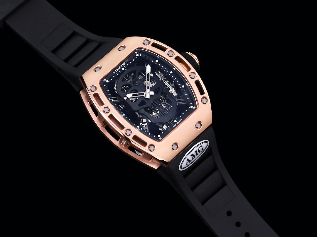Richard Mille RM052 Collection RM052 Black Skull Dial with Rose Gold Case and Black Rubber Strap Full Angled View