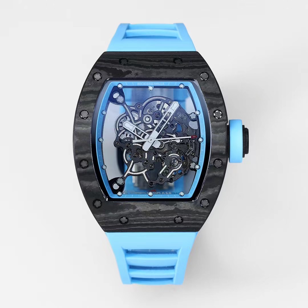 Richard Mille RM055 NTPT Carbon Black Case Light Blue Strap Skeleton Dial Front View