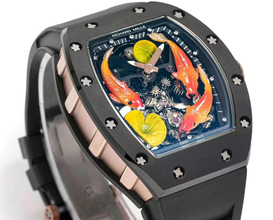 Richard Mille RM S10 Koi Tourbillon Black Case Rose Gold Side Bezel Angle View