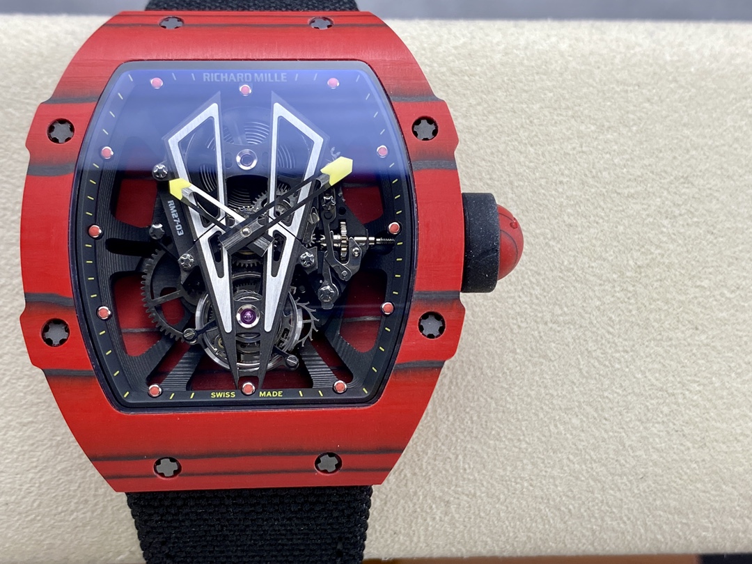 Richard Mille RM 27-03 Nadal Red Black Carbon TPT Case Skeleton Dial Front Detail View