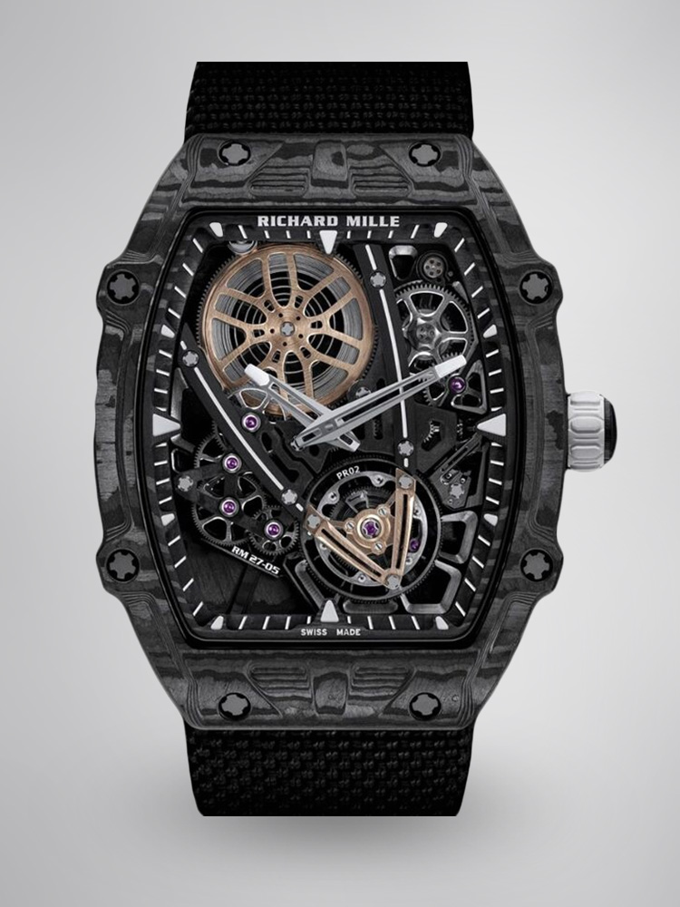Richard Mille RM Series RM27-05 black carbon fiber skeleton flying tourbillon Rafael Nadal watch front view