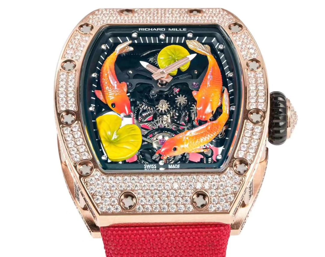 Richard Mille RM S10 Koi Tourbillon Rose Gold Diamond Case Red Nylon Strap Dial Close Up