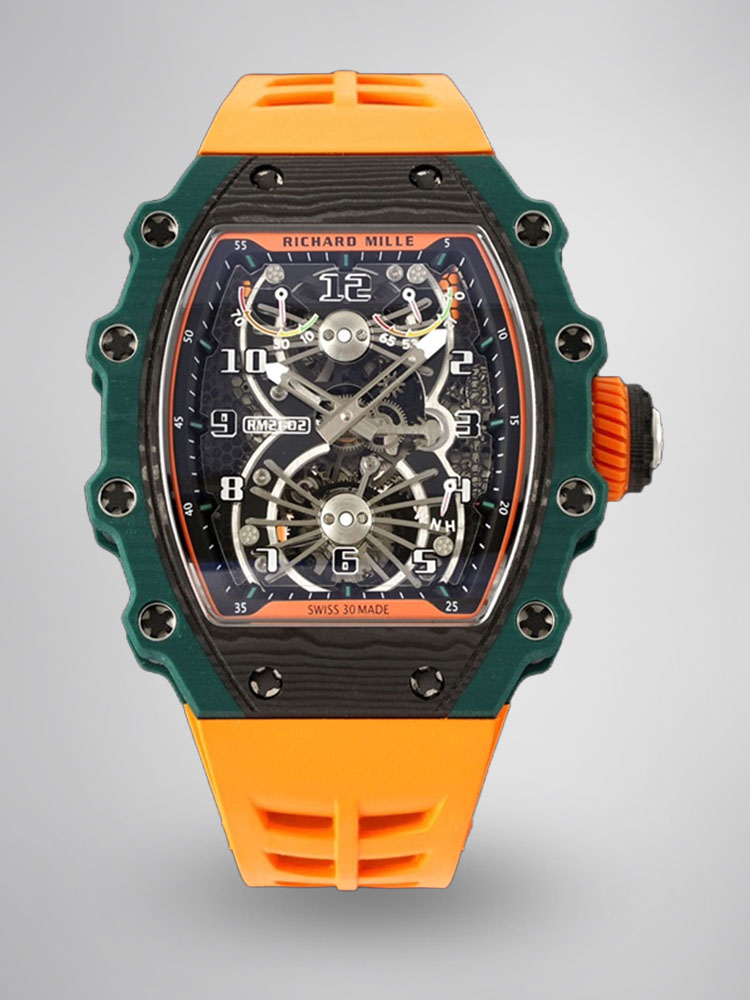 Richard Mille RM21-02 Tourbillon Aerodyne Green Quartz TPT Orange Rubber Strap Skeleton Dial Front View
