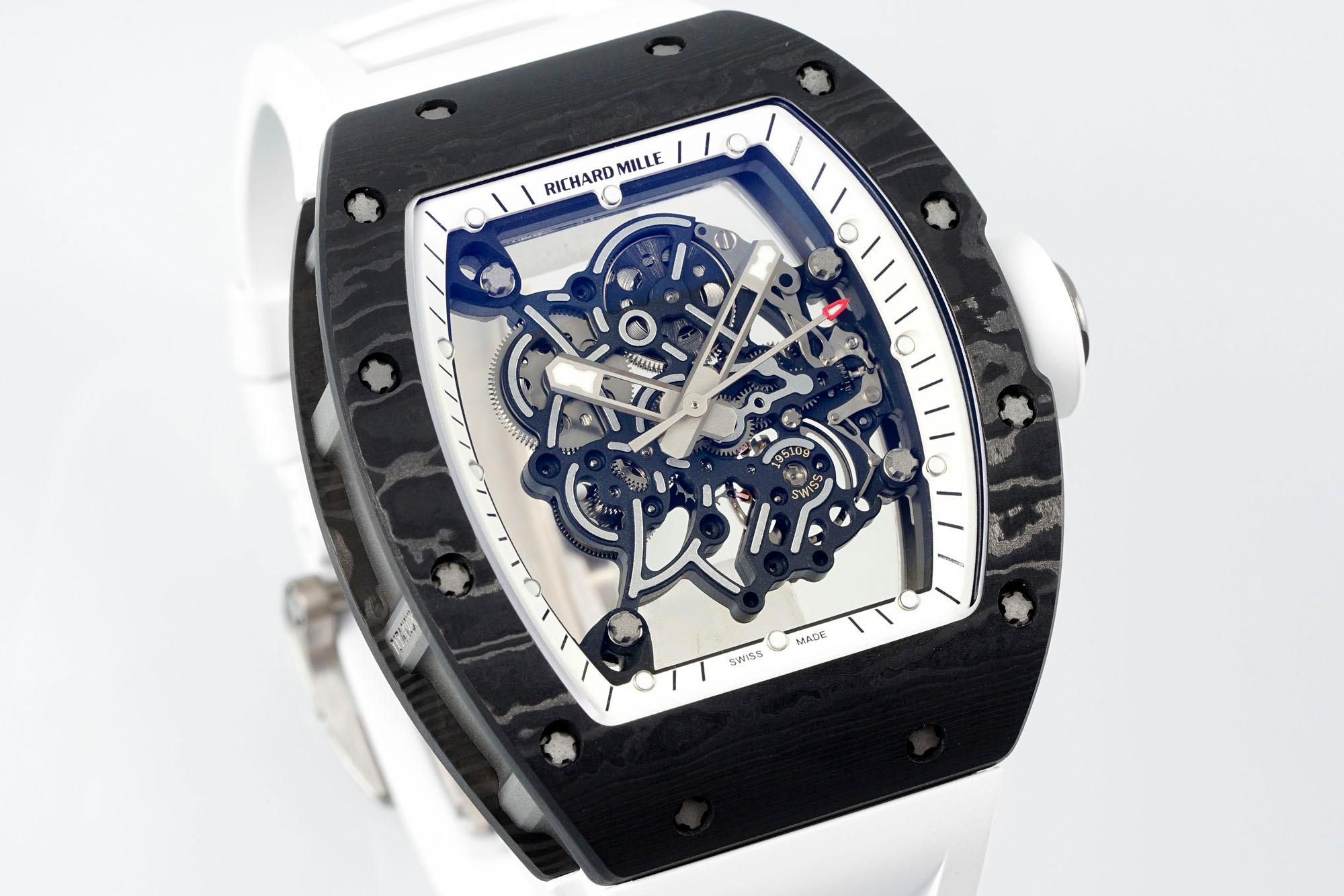 Richard Mille RM055 Carbon Fiber White Rubber Strap Skeleton Watch Angled View