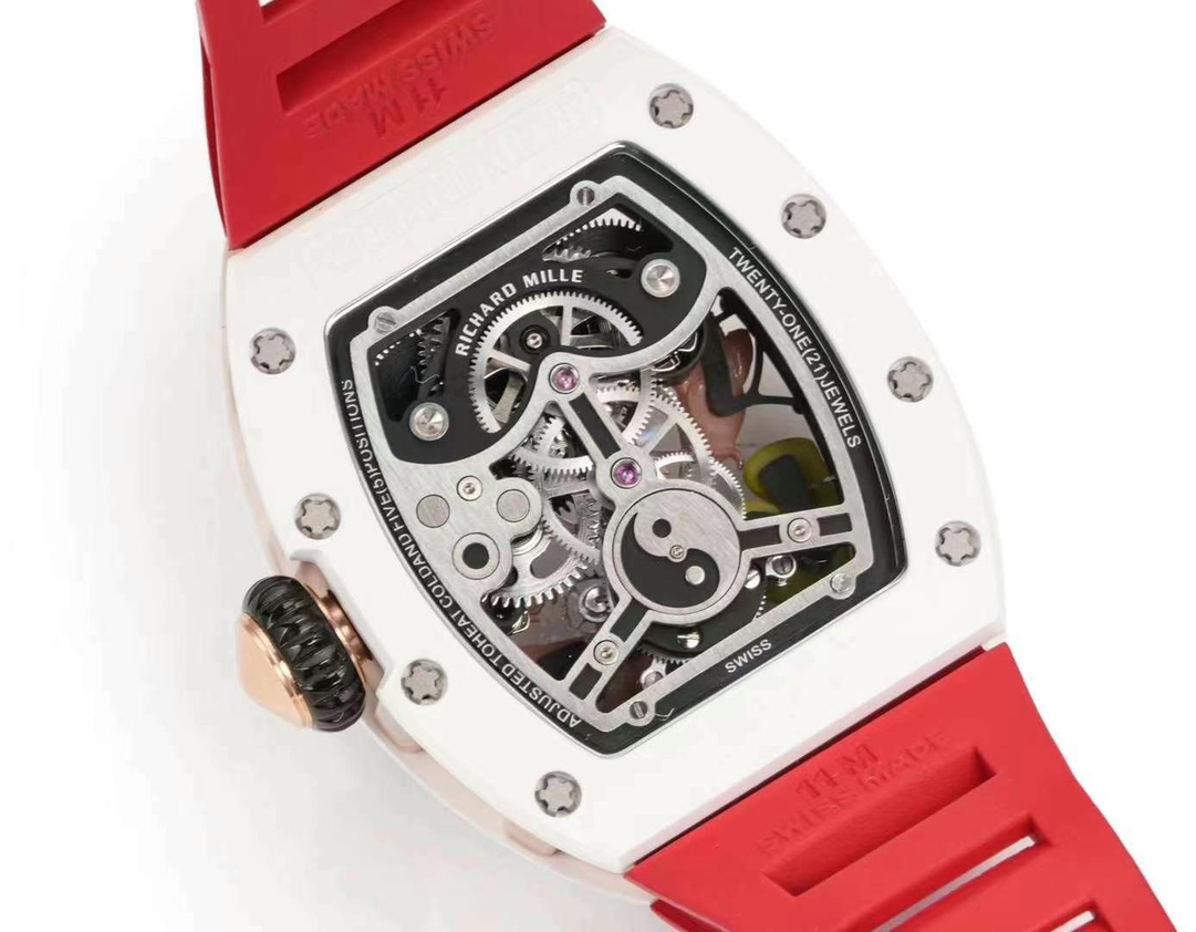 Richard Mille RM S10 Koi Tourbillon Red Rubber Strap White Ceramic Case Transparent Back Movement View