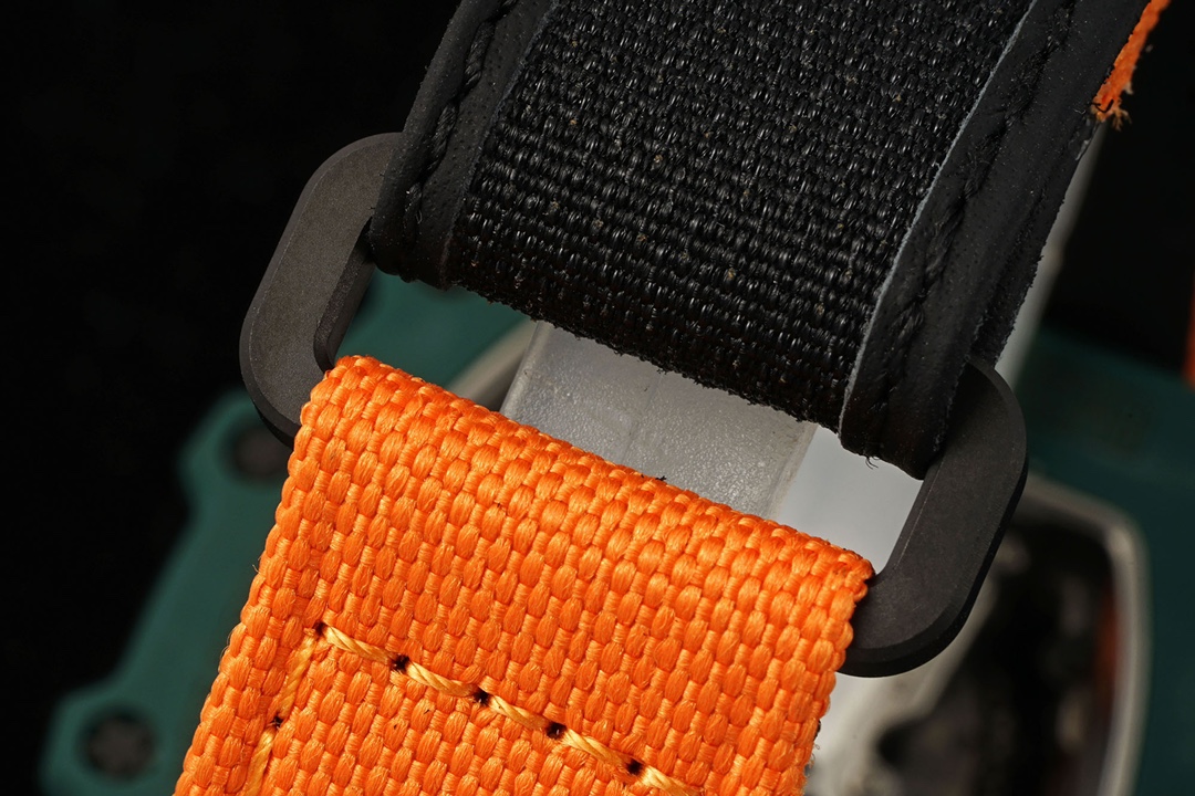 Richard Mille Aerodyne Collection RM21-02 Green Orange Detail View Textile Strap and Lug Connection Close Up