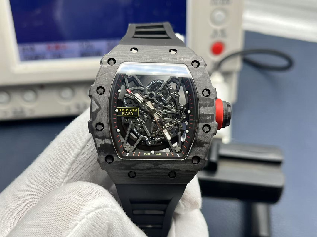 Richard Mille RM35-02 Rafael Nadal black carbon fiber case with red crown skeleton dial handheld real shot front view