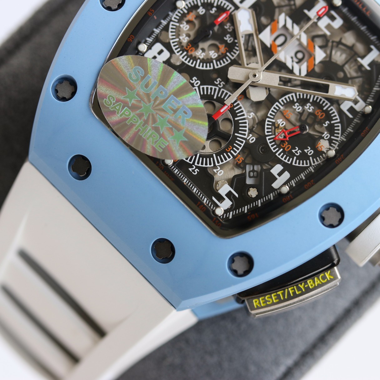 Richard Mille RM Series RM11-03 blue case white rubber strap dial detail view