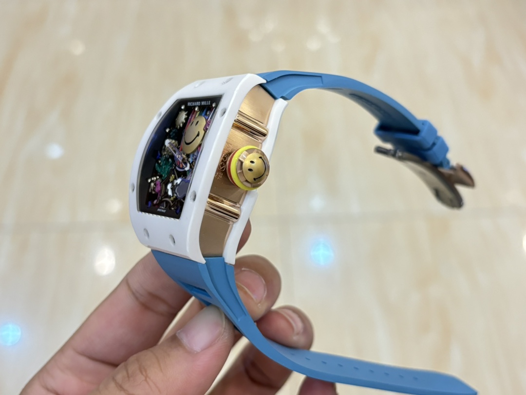 Richard Mille RM88 Smiley Tourbillon White Ceramic Blue Rubber Strap Side Profile Crown Detail