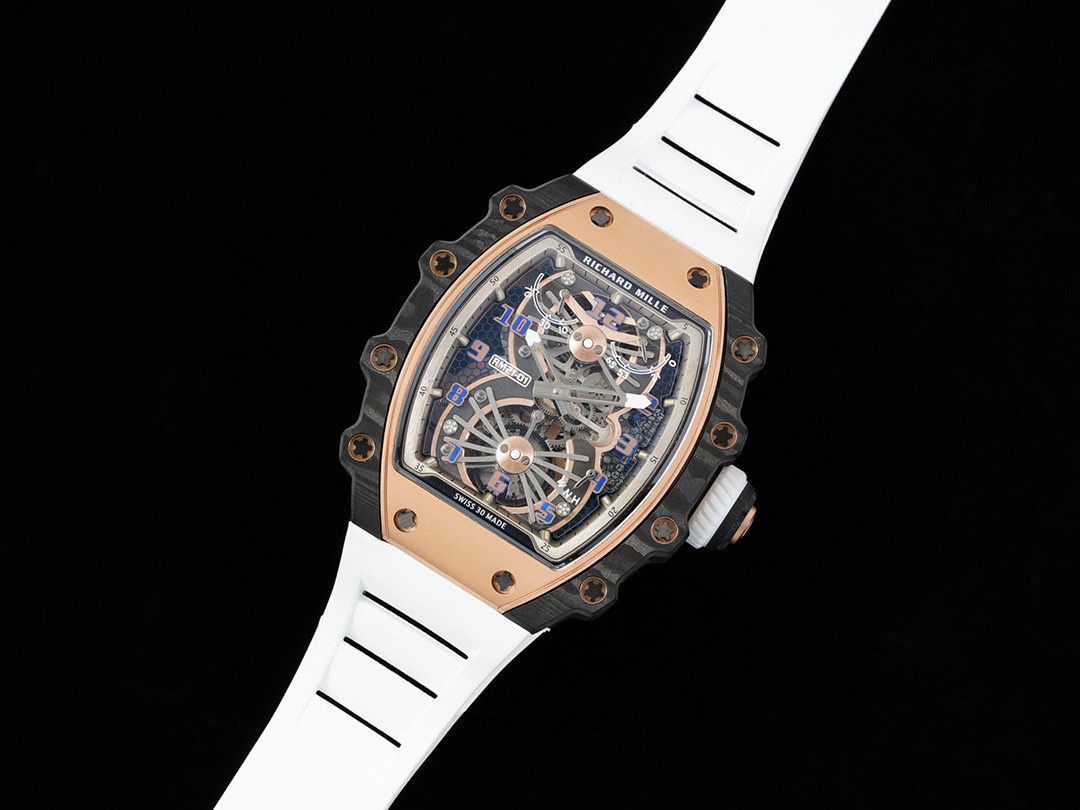 Richard Mille RM21-01 Aerodynamic Tourbillon Carbon Rose Gold Skeleton White Rubber Strap Angled Full View