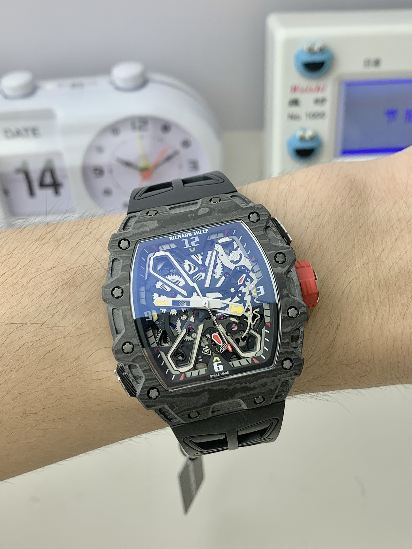 Richard Mille RM35 Series RM35-03 Black Carbon Fiber Skeleton Watch On Wrist Front View Luxury Automatic Watch