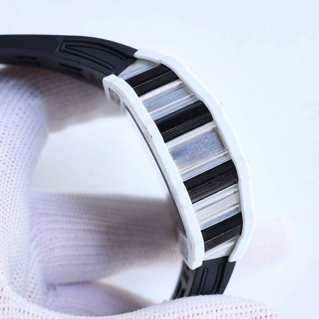 Richard Mille RM21-02 Skeleton Tourbillon Carbon Case Black Strap Sport Watch Case Side Detail View