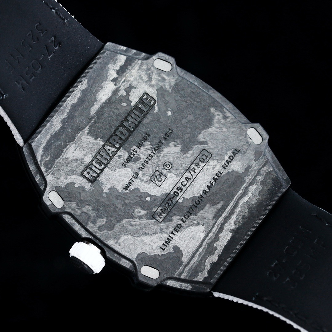 Richard Mille RM27-05 black carbon fiber case white strap flying tourbillon watch caseback detail view