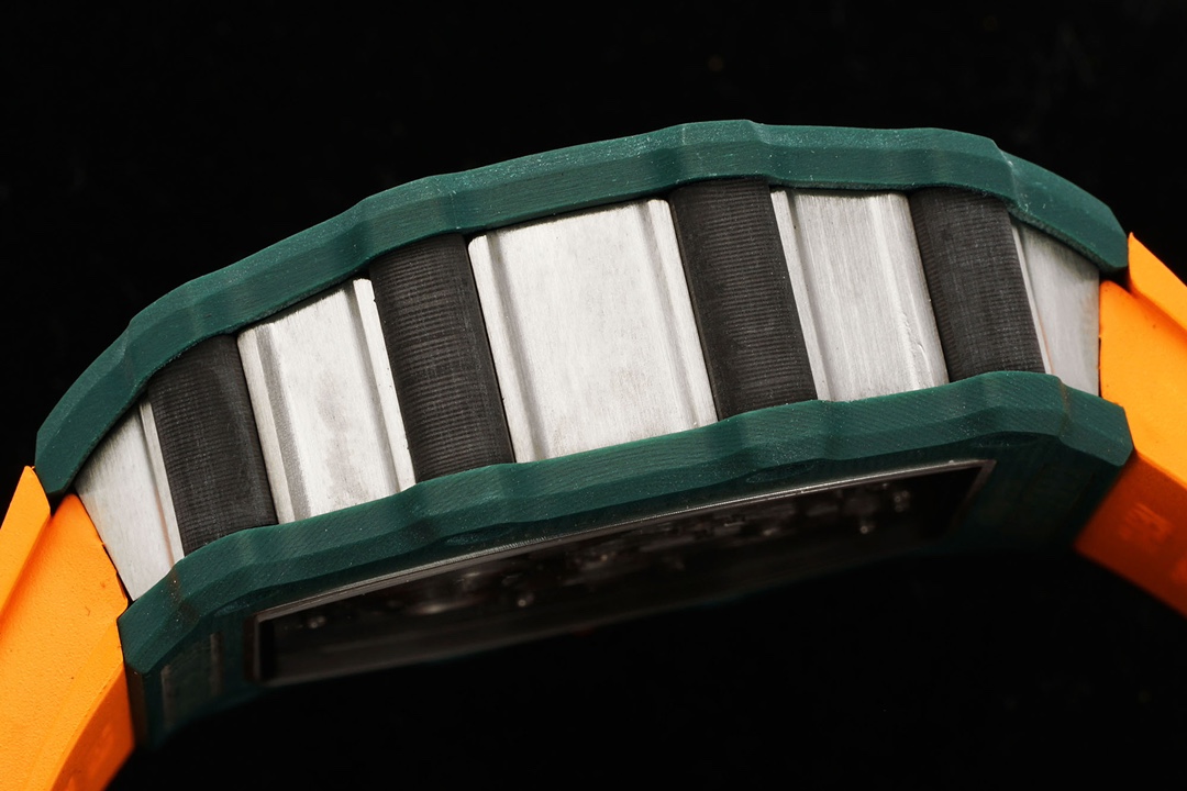 Richard Mille RM21-02 Tourbillon Aerodyne Green Quartz TPT Orange Rubber Strap Case Side Detail