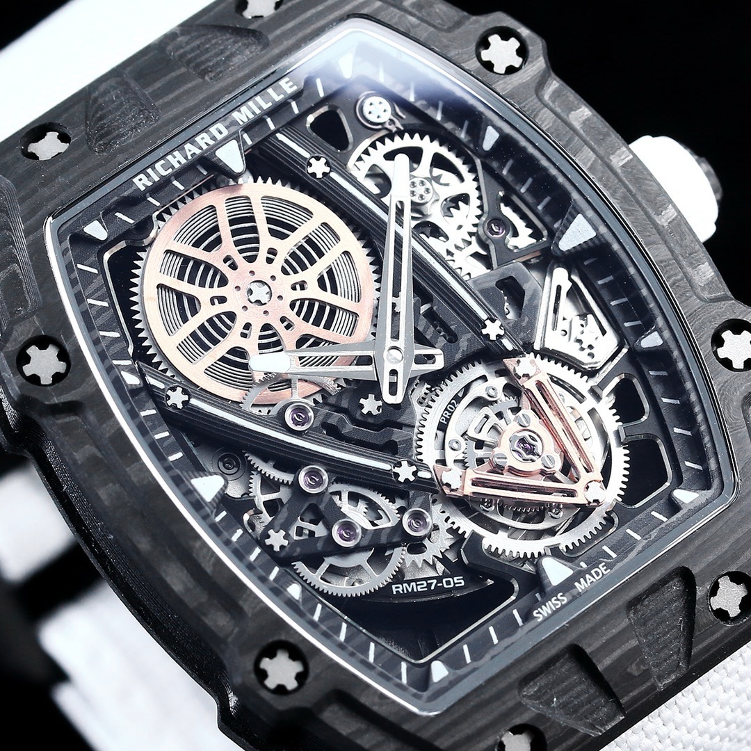 Richard Mille RM27-05 black carbon fiber case white strap flying tourbillon skeleton dial movement detail view