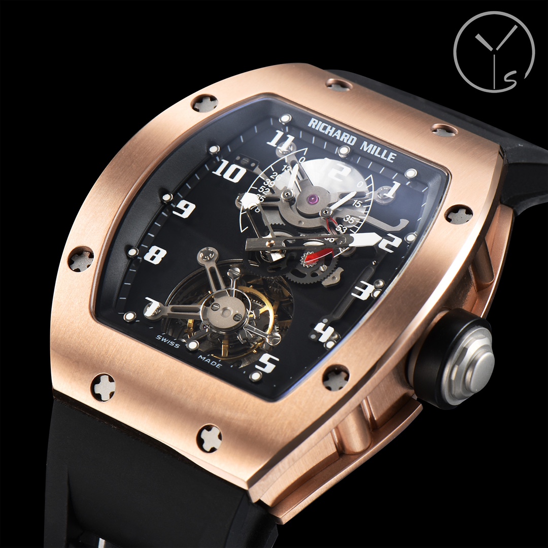 Richard Mille RM001 Rose Gold Black Dial Crown Detail Angled View