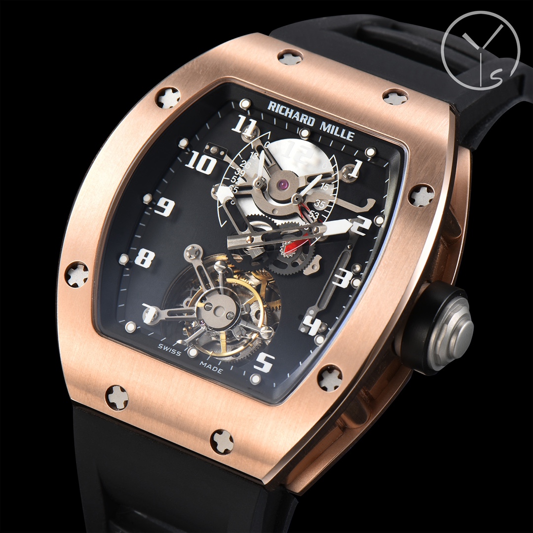 Richard Mille RM001 Rose Gold Skeleton Black Dial Tourbillon Watch Angled View