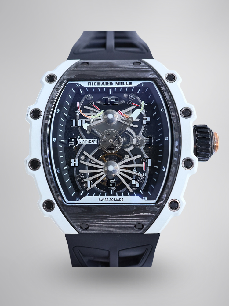 Richard Mille RM21-02 Skeleton Tourbillon Carbon Case Black Strap Sport Watch Front View