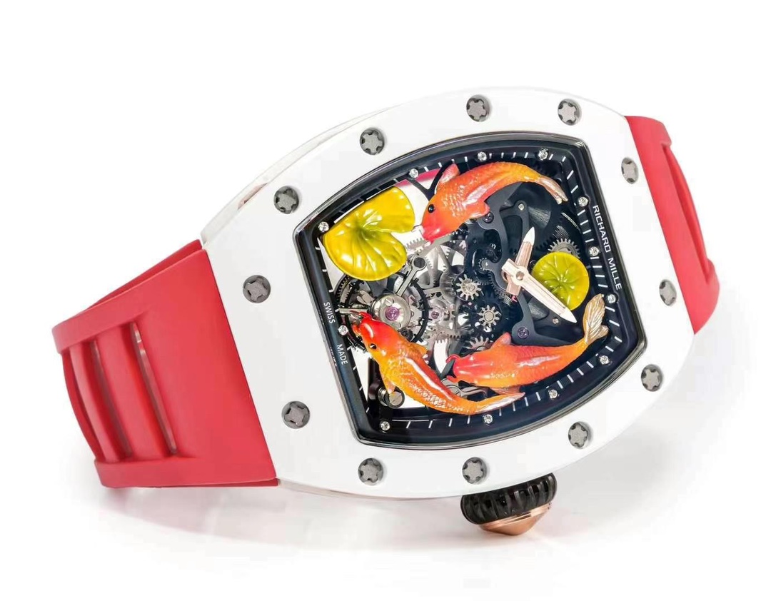 Richard Mille RM S10 Koi Tourbillon Red Rubber Strap White Ceramic Case Horizontal Dial View