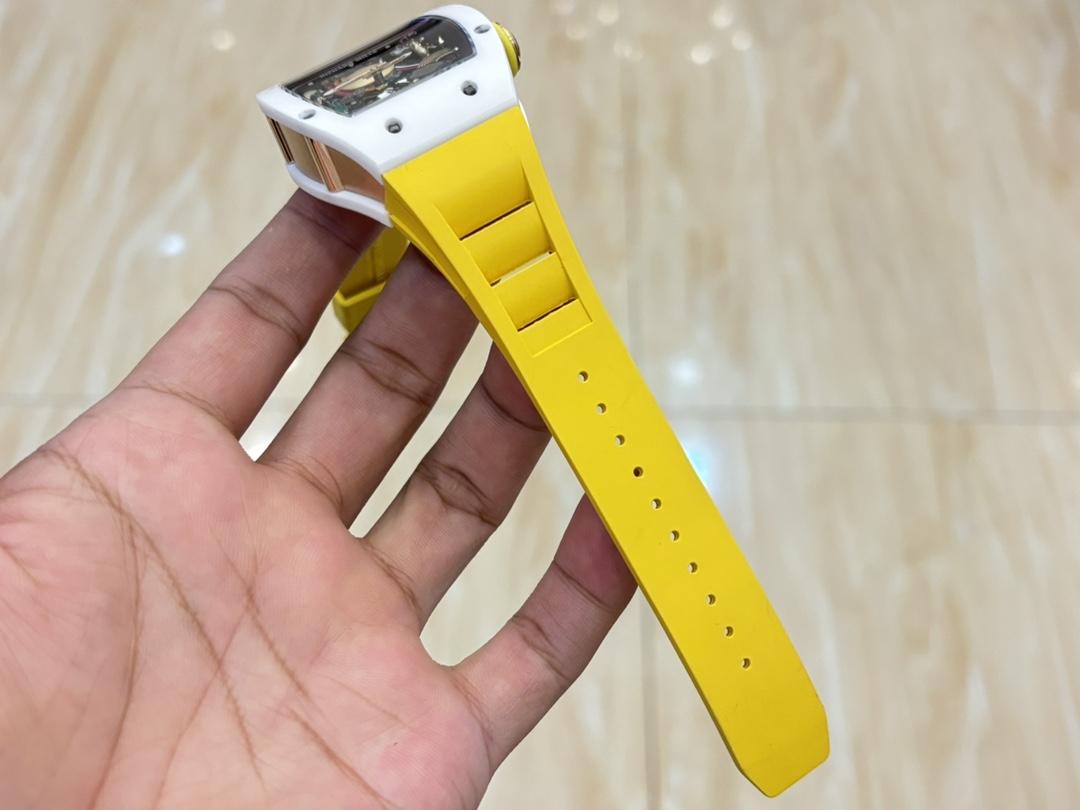 Replica Richard Mille RM 88 Smiley Tourbillon Watch White Case Yellow Rubber Strap Strap Detail View