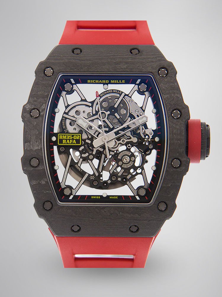Richard Mille RM35-02 Rafa Skeleton Watch Carbon Fiber Case Red Rubber Strap Dial Front View