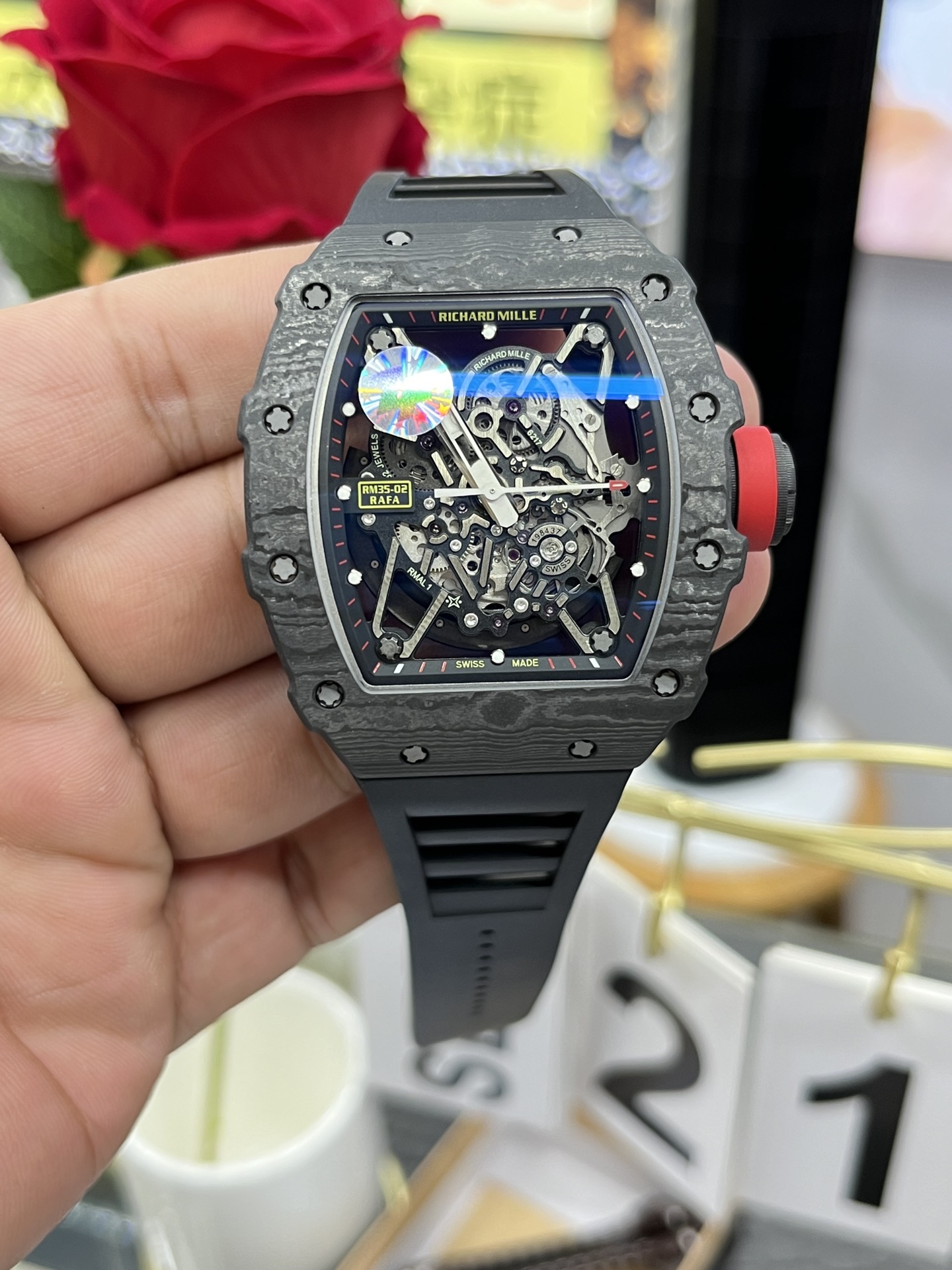 Richard Mille RM35-02 Carbon Fiber Skeleton Dial Black Rubber Strap Wrist Shot Front View