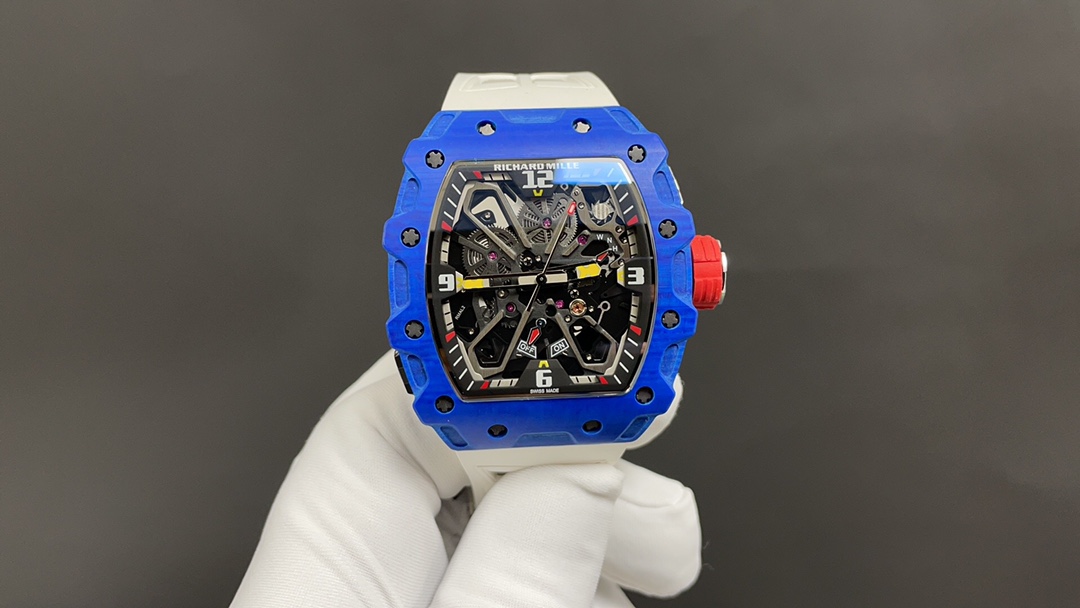 Richard Mille RM Series RM35-03 blue quartz fiber case white rubber strap skeleton dial front view