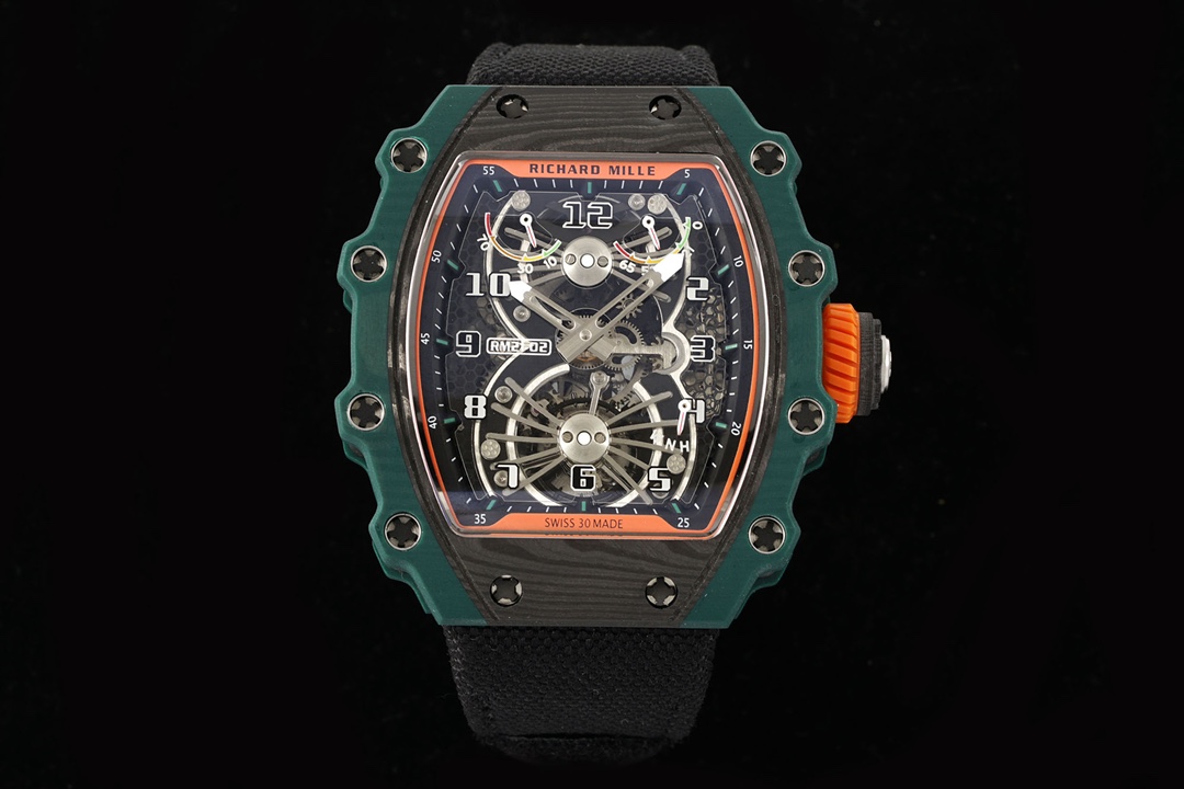 Richard Mille RM21-02 Tourbillon Aerodyne Green Carbon Case Skeleton Dial Black Fabric Strap Front View Black Background