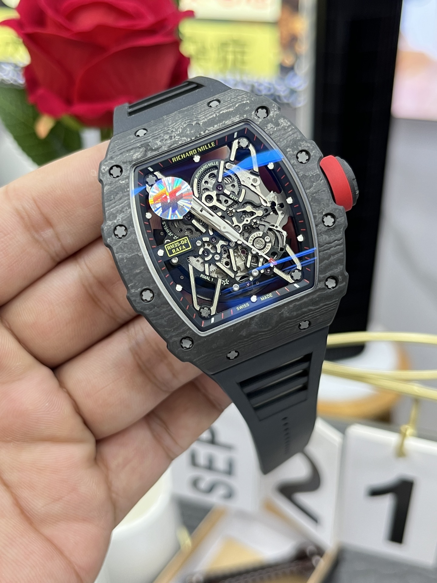 Richard Mille RM35-02 Carbon Fiber Skeleton Dial Black Rubber Strap Angled View