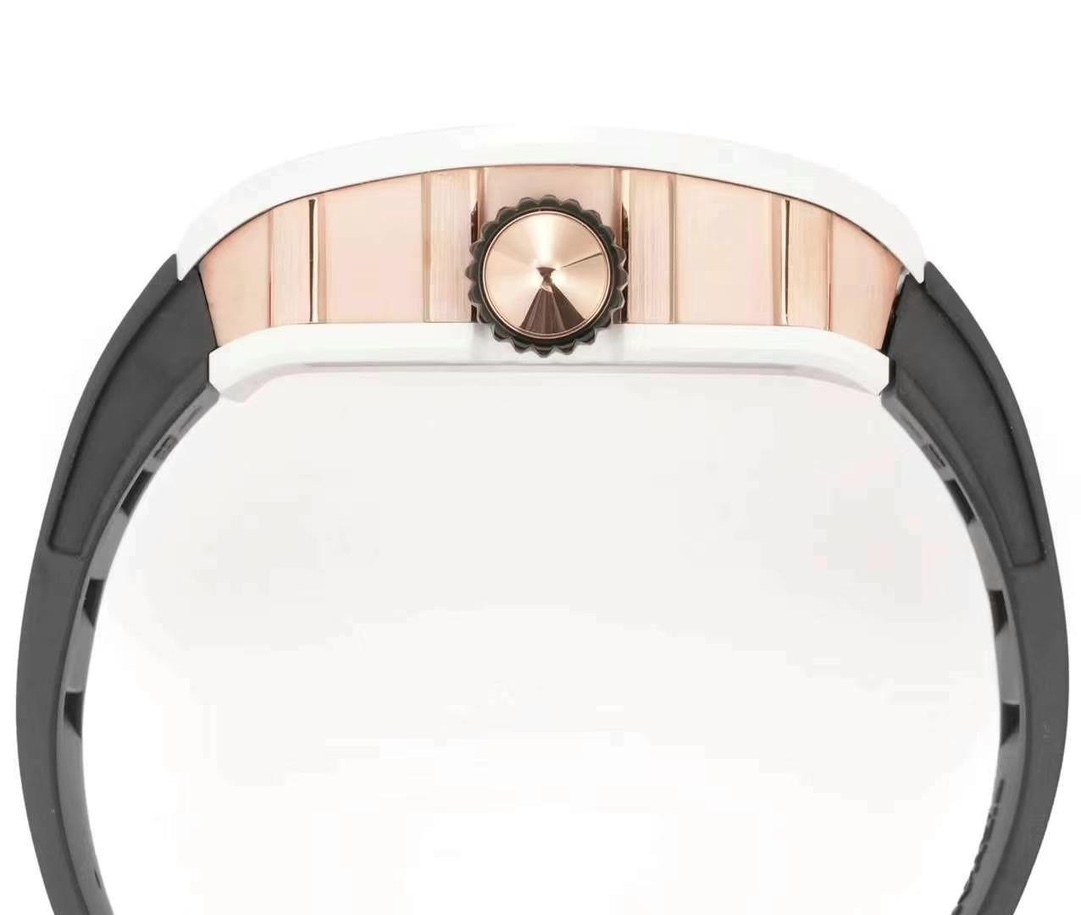 Richard Mille RM S10 Koi Tourbillon Black Rubber Strap White Ceramic Case Side Crown Detail View