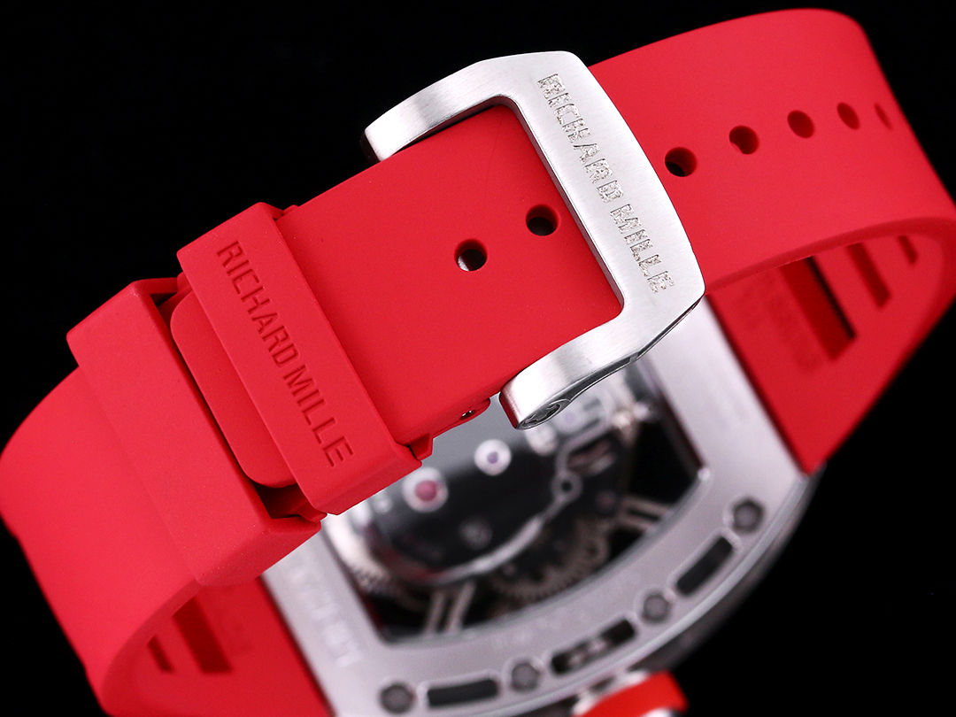 Richard Mille RM52 Tourbillon Red Rubber Strap Silver Case Skull Skeleton Dial Strap Buckle Detail View