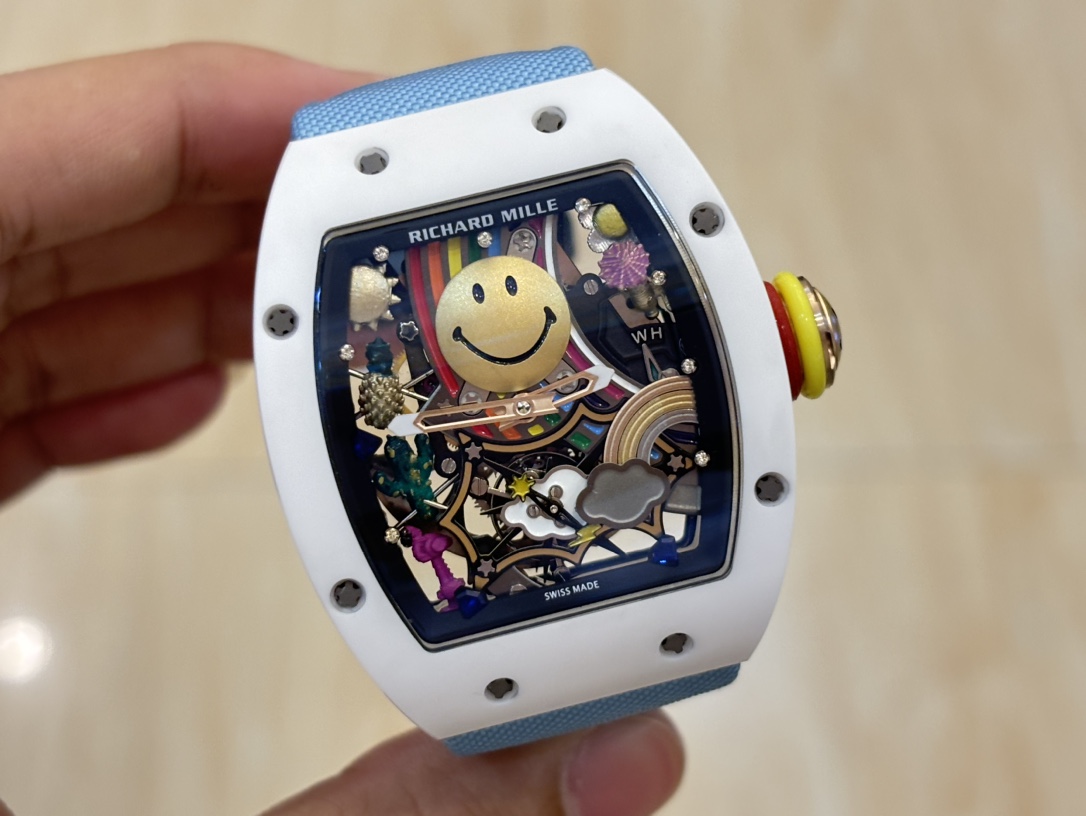 Richard Mille RM88 Smiley Tourbillon White Blue Angled Front Detail Dial Close Luxury Watch