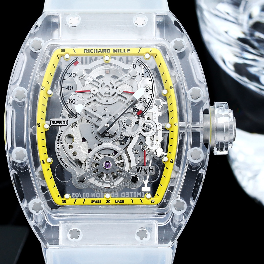 Richard Mille RM56-01 Transparent Sapphire Case Yellow Skeleton Dial Close Front Detail